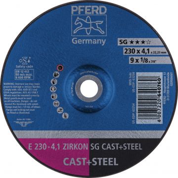Disco de desbaste SG CAST+STEEL D 230 x Gr 4,1 mm acodado acero / INOX perforación 22,23 mm