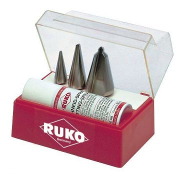 RUKO 101009 - Juego 3 brocas cónicas HSS - Incluye Spray de corte 50 ml