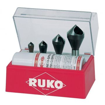 RUKO 102310E - Juego de 4 avellanadores-desbarbadores HSS-Co 5 + spray de corte 50 ml