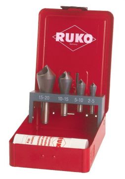 RUKO 102312E - Juego de 4 avellanadores-desbarbadores HSS-Co 5 + pasta de corte 30 grs.
