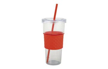 Vaso de plástico con pajita Transparente y Rojo 10x19cm