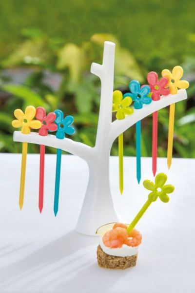 Koziol PI:P soporte en forma de árbol Set de 8 pinchos diseño de pajaritos colores variados para aperitivos tapas 